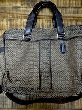 Coach Brown Signature Canvas Laptop Tote with Dark Leather Trim